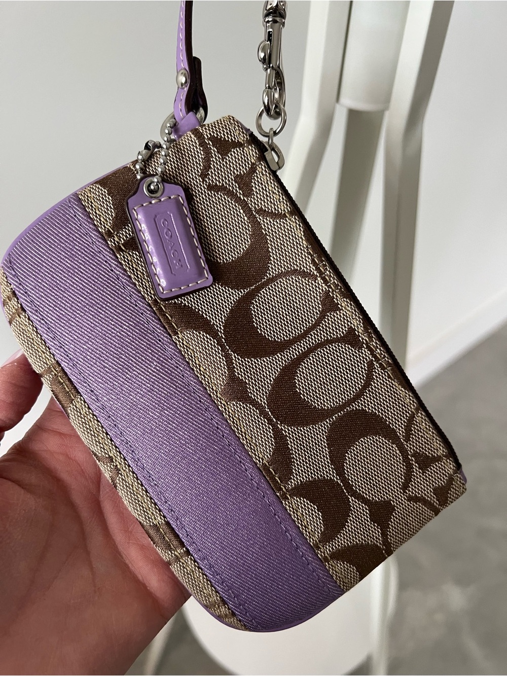 Coach Brown Signature Canvas Wristlet with Lavender Trim